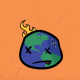 A still from the music video of Anthropocene by Samsa showing a misshapen, cartoon Earth with a frowning face and X's for eyes capped by a gout of flame on an orange backgroun